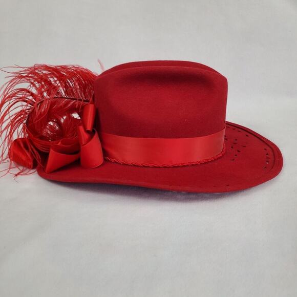 Vintage Nancy Hughes Hat Co Red Wool Satin Ribbon Bow Feather Lazer Cut 7-1/8 - Picture 5 of 12